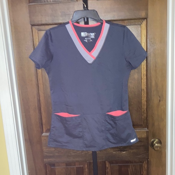 Grey's Anatomy Tops - Grey's Anatomy Charcoal and Coral V-Neck Scrub Top